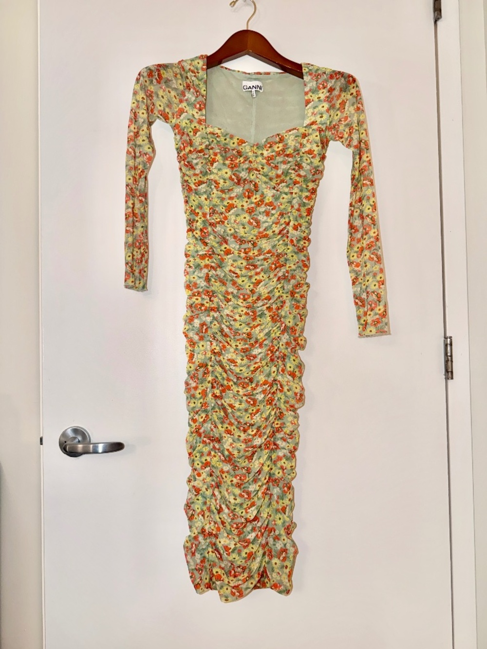 Ganni Long Flower Pattern Shirred Dress